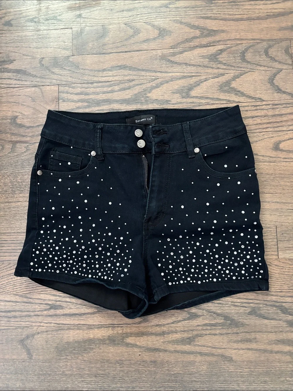 Black Rhinestone High-Rise Jean Shorts